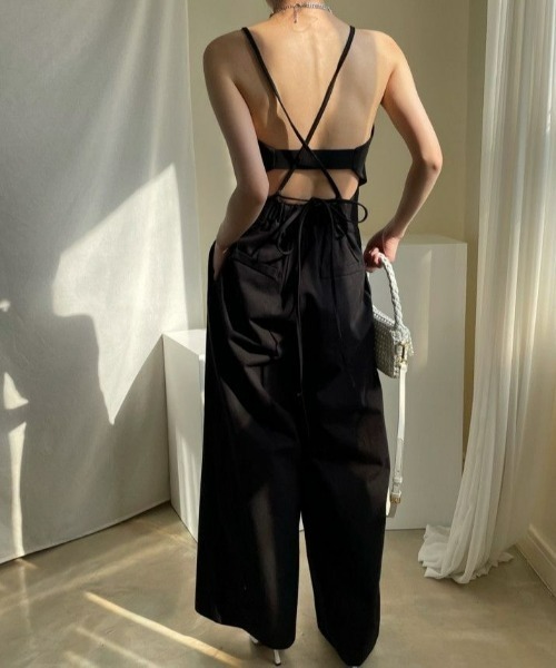 セール】ハイウエストデニムジャンプスーツ/ロンパース（サロペット