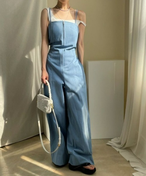 セール】ハイウエストデニムジャンプスーツ/ロンパース（サロペット