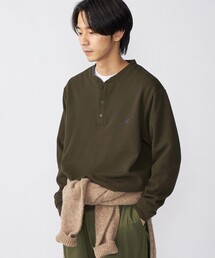 *SHIPS: ワンポイント ロゴ バーズアイ ヘンリーネック ロングスリーブ Tシャツ (ロンT)