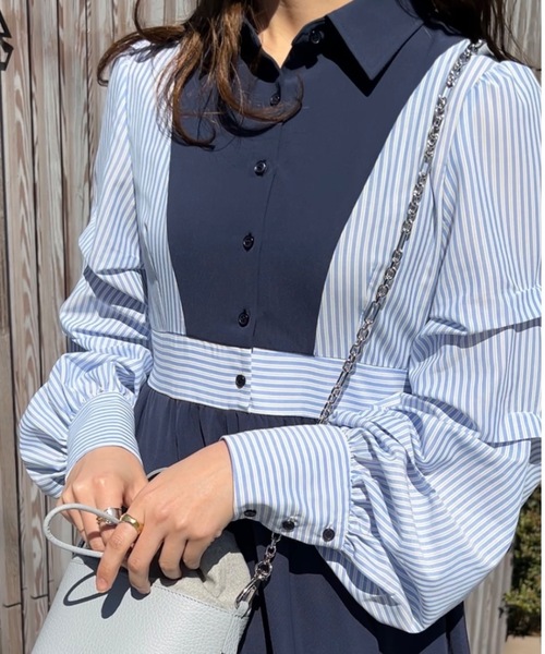 idem（イデム）の「unique sleeve stripe onepiece/袖ストライプボリュームワンピース（ワンピース・レディース・グレー/ネイビー/アイボリー・FREE）」の12枚目の写真