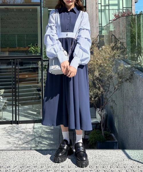 idem（イデム）の「unique sleeve stripe onepiece/袖ストライプボリュームワンピース（ワンピース・レディース・グレー/ネイビー/アイボリー・FREE）」の5枚目の写真