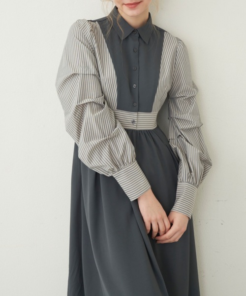 idem（イデム）の「unique sleeve stripe onepiece/袖ストライプボリュームワンピース（ワンピース・レディース・グレー/ネイビー/アイボリー・FREE）」の4枚目の写真