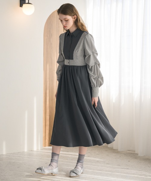 idem（イデム）の「unique sleeve stripe onepiece/袖ストライプボリュームワンピース（ワンピース・レディース・グレー/ネイビー/アイボリー・FREE）」の15枚目の写真