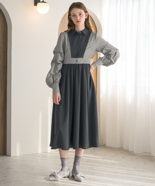 idem（イデム）の「unique sleeve stripe onepiece/袖ストライプボリュームワンピース（ワンピース・レディース・グレー/ネイビー/アイボリー・FREE）」の13枚目の写真