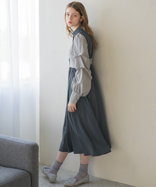 idem（イデム）の「unique sleeve stripe onepiece/袖ストライプボリュームワンピース（ワンピース・レディース・グレー/ネイビー/アイボリー・FREE）」の16枚目の写真