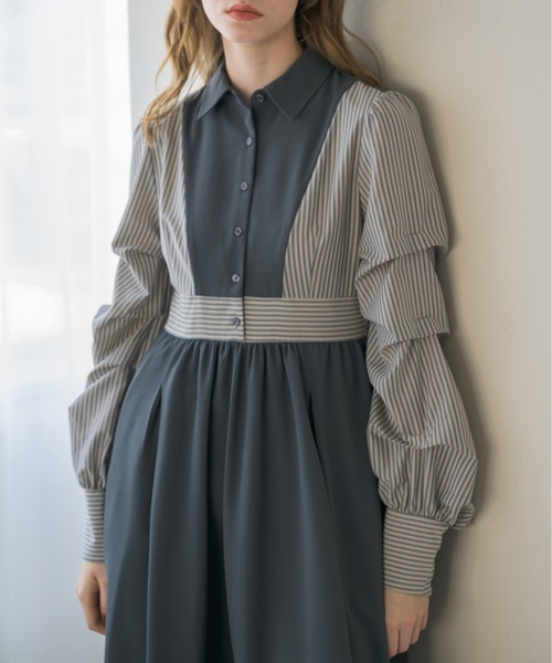 idem（イデム）の「unique sleeve stripe onepiece/袖ストライプボリュームワンピース（ワンピース・レディース・グレー/ネイビー/アイボリー・FREE）」の17枚目の写真