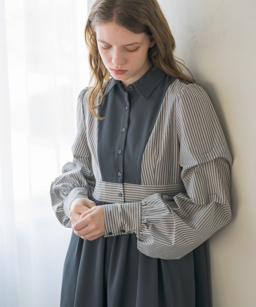 idem（イデム）の「unique sleeve stripe onepiece/袖ストライプボリュームワンピース（ワンピース・レディース・グレー/ネイビー/アイボリー・FREE）」の18枚目の写真