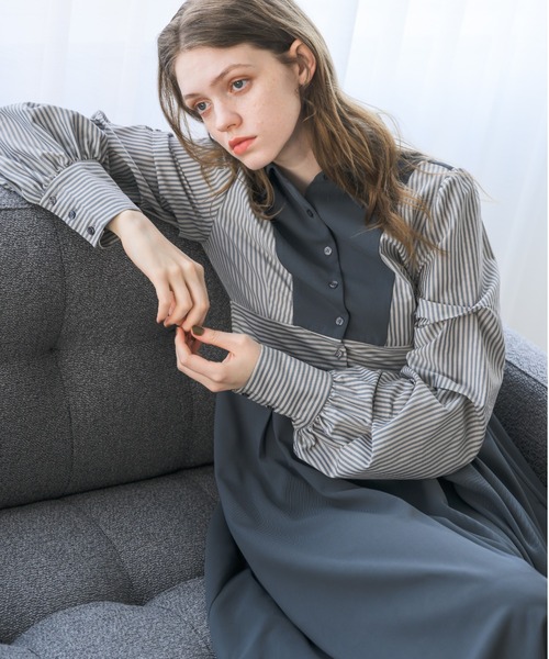 idem（イデム）の「unique sleeve stripe onepiece/袖ストライプボリュームワンピース（ワンピース・レディース・グレー/ネイビー/アイボリー・FREE）」の21枚目の写真