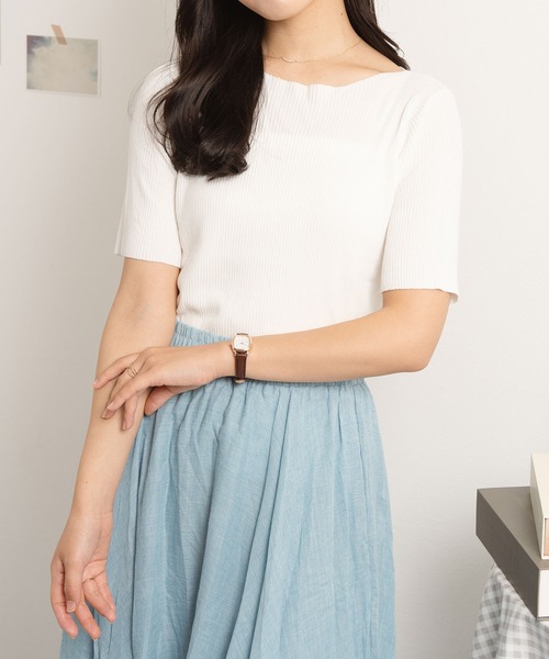 NinaetLina（ニナエリナ）の「サマーリブニット5分袖カットソー（Tシャツ/カットソー・レディース・ブルー/ブラック/ピンク/グリーン/イエロー/ホワイト・FREE）」の2枚目の写真