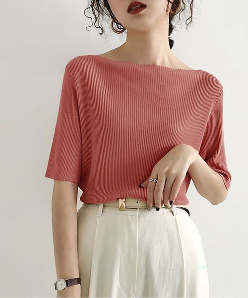 NinaetLina（ニナエリナ）の「サマーリブニット5分袖カットソー（Tシャツ/カットソー・レディース・ブルー/ブラック/ピンク/グリーン/イエロー/ホワイト・FREE）」の6枚目の写真