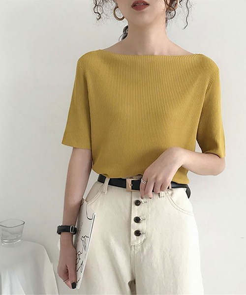 NinaetLina（ニナエリナ）の「サマーリブニット5分袖カットソー（Tシャツ/カットソー・レディース・ブルー/ブラック/ピンク/グリーン/イエロー/ホワイト・FREE）」の5枚目の写真