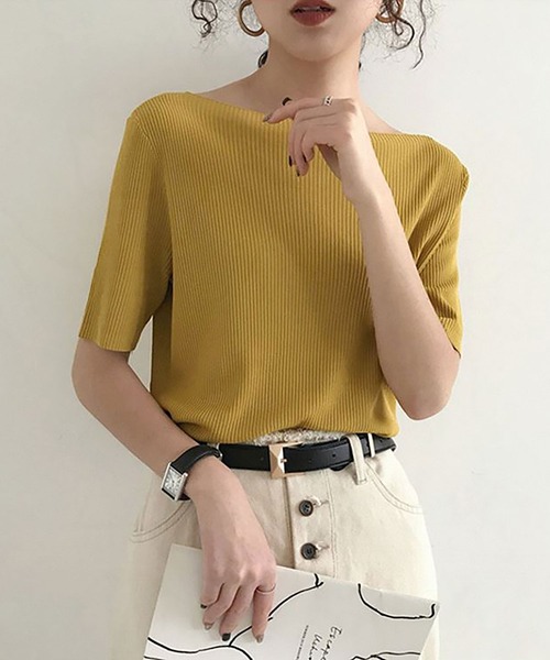 NinaetLina（ニナエリナ）の「サマーリブニット5分袖カットソー（Tシャツ/カットソー・レディース・ブルー/ブラック/ピンク/グリーン/イエロー/ホワイト・FREE）」の7枚目の写真