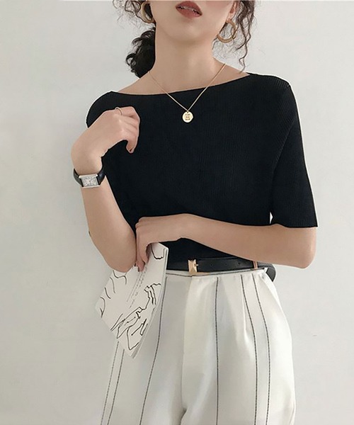 NinaetLina（ニナエリナ）の「サマーリブニット5分袖カットソー（Tシャツ/カットソー・レディース・ブルー/ブラック/ピンク/グリーン/イエロー/ホワイト・FREE）」の9枚目の写真