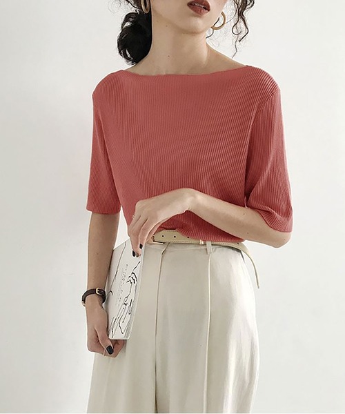 NinaetLina（ニナエリナ）の「サマーリブニット5分袖カットソー（Tシャツ/カットソー・レディース・ブルー/ブラック/ピンク/グリーン/イエロー/ホワイト・FREE）」の10枚目の写真