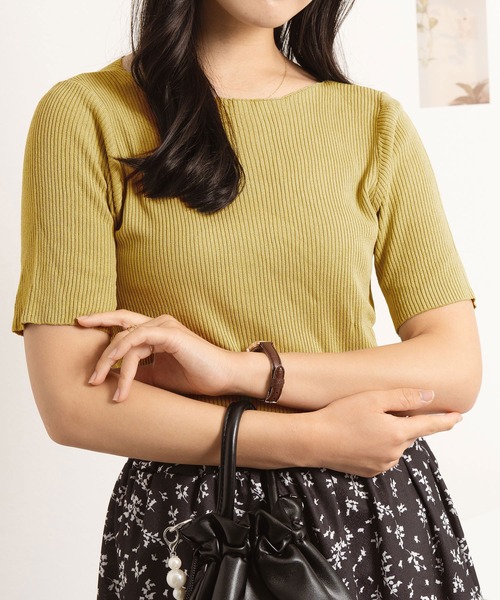 NinaetLina（ニナエリナ）の「サマーリブニット5分袖カットソー（Tシャツ/カットソー・レディース・ブルー/ブラック/ピンク/グリーン/イエロー/ホワイト・FREE）」の17枚目の写真