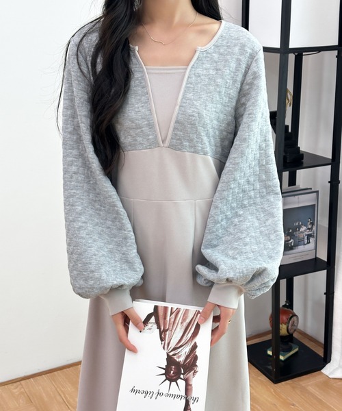 ECLIN(エクラン)の「ボリュームスリーブ異素材ドッキングロングワンピース(ワンピース・レディース・チャコールグレー/ブラック/グレー・M/L)」の8枚目の写真