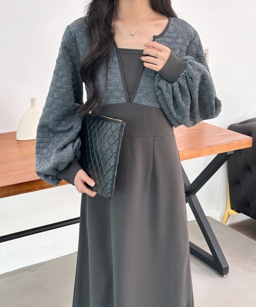 ECLIN(エクラン)の「ボリュームスリーブ異素材ドッキングロングワンピース(ワンピース・レディース・チャコールグレー/ブラック/グレー・M/L)」の14枚目の写真