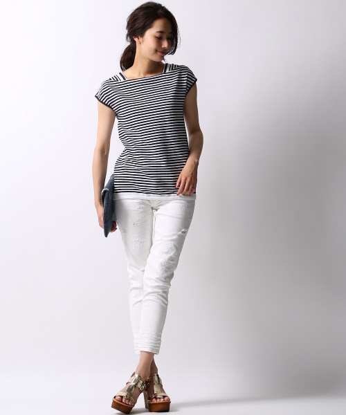 5351 POUR LES FEMMES（ゴーサンゴーイチプールファム）の「ﾃﾞﾌｫﾒｰｼｮﾝﾎﾞｰﾀﾞｰﾉｰｽﾘ（Tシャツ/カットソー・レディース・レッド/ネイビー/ブラック・FREE）」の18枚目の写真