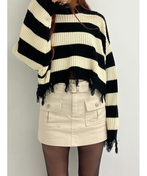 DIESEL ダメージ クロップドニット 短丈 ブラック フレイム 柄　個性的 ANAP（アナップ）の「ダメージクロップドニットトップス（ニット