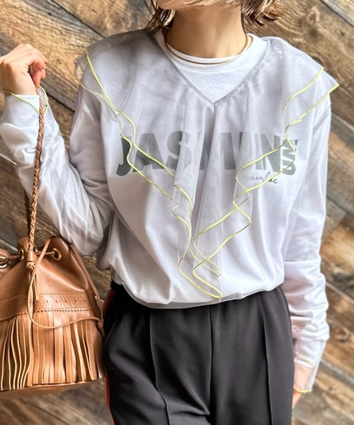 mi via loca（ミヴィアロカ）の「シアー配色ステッチチュールフリルブラウス（シャツ/ブラウス・レディース・グレー/ブラック/ブルーグリーン/オフホワイト・FREE）」の4枚目の写真