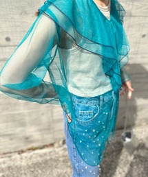シアー配色ステッチチュールフリルブラウス