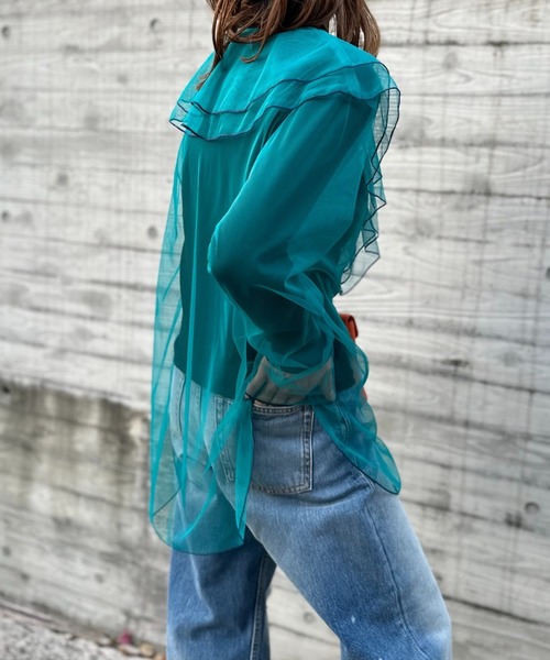 mi via loca（ミヴィアロカ）の「シアー配色ステッチチュールフリルブラウス（シャツ/ブラウス・レディース・グレー/ブラック/ブルーグリーン/オフホワイト・FREE）」の5枚目の写真