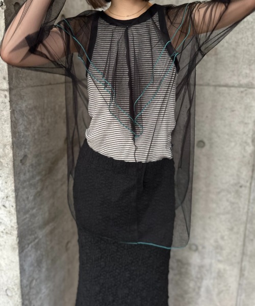 mi via loca（ミヴィアロカ）の「シアー配色ステッチチュールフリルブラウス（シャツ/ブラウス・レディース・グレー/ブラック/ブルーグリーン/オフホワイト・FREE）」の8枚目の写真