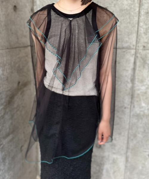 mi via loca（ミヴィアロカ）の「シアー配色ステッチチュールフリルブラウス（シャツ/ブラウス・レディース・グレー/ブラック/ブルーグリーン/オフホワイト・FREE）」の12枚目の写真