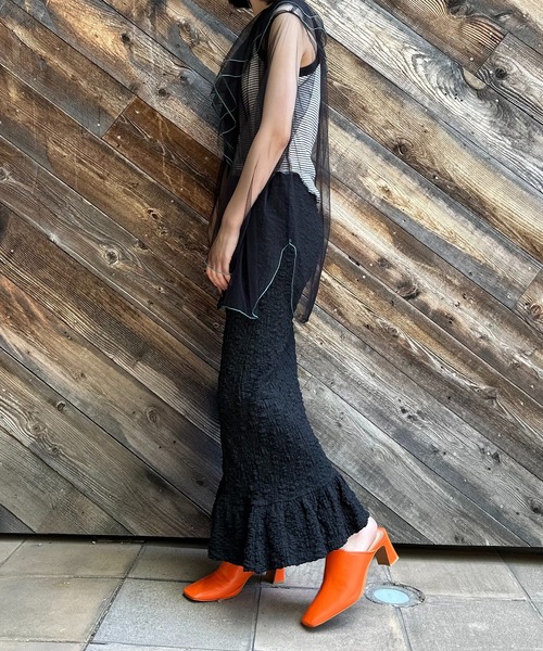 mi via loca（ミヴィアロカ）の「シアー配色ステッチチュールフリルブラウス（シャツ/ブラウス・レディース・グレー/ブラック/ブルーグリーン/オフホワイト・FREE）」の18枚目の写真