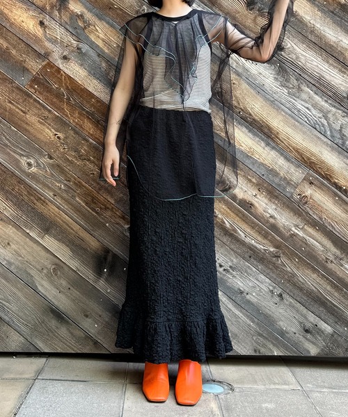 mi via loca（ミヴィアロカ）の「シアー配色ステッチチュールフリルブラウス（シャツ/ブラウス・レディース・グレー/ブラック/ブルーグリーン/オフホワイト・FREE）」の17枚目の写真