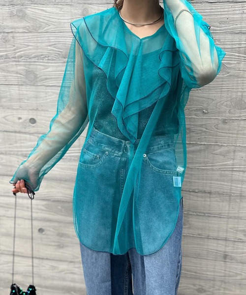 mi via loca（ミヴィアロカ）の「シアー配色ステッチチュールフリルブラウス（シャツ/ブラウス・レディース・グレー/ブラック/ブルーグリーン/オフホワイト・FREE）」の20枚目の写真