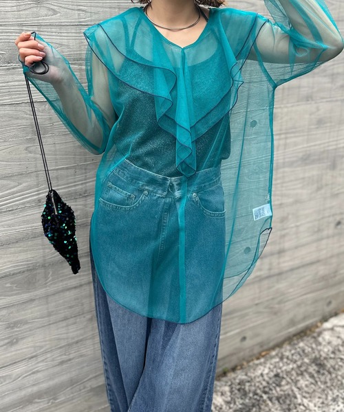 mi via loca（ミヴィアロカ）の「シアー配色ステッチチュールフリルブラウス（シャツ/ブラウス・レディース・グレー/ブラック/ブルーグリーン/オフホワイト・FREE）」の21枚目の写真