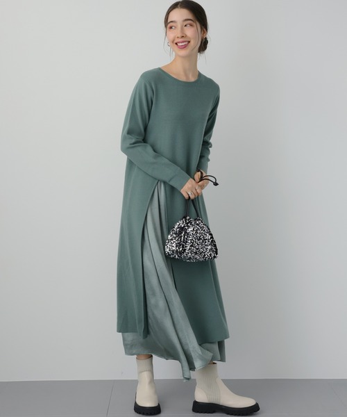 saloon(サルーン)の「SALOON(サルーン)/【AMBELLITE】 《セットアップ》スカート付きニットワンピース(ワンピース・レディース・グリーン/ブラック・FREE)」の1枚目の写真