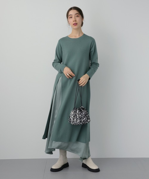 saloon(サルーン)の「SALOON(サルーン)/【AMBELLITE】 《セットアップ》スカート付きニットワンピース(ワンピース・レディース・グリーン/ブラック・FREE)」の3枚目の写真