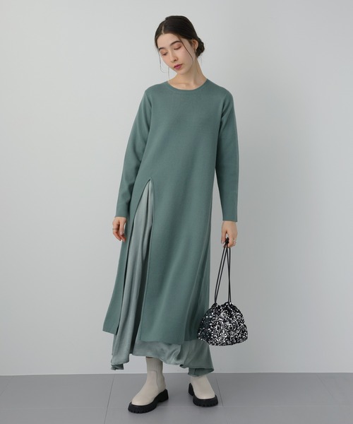 saloon(サルーン)の「SALOON(サルーン)/【AMBELLITE】 《セットアップ》スカート付きニットワンピース(ワンピース・レディース・グリーン/ブラック・FREE)」の4枚目の写真