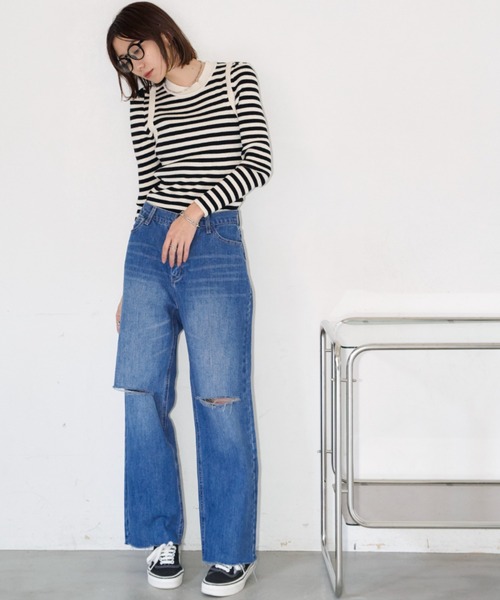 Auntie Rosa Holiday（アンティローザホリデー）の「スリットダメージストレートデニム / サイズ展開あり（デニムパンツ・レディース・ブルー/ライトブルー・X-SMALL/SMALL/MEDIUM）」の8枚目の写真