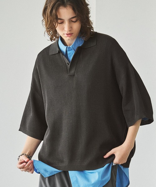 EMMA CLOTHES（エマクローズ）の「ドライリブニットルーズ比翼ポロシャツ（ポロシャツ・メンズ・ライトブルー/アイボリー/ダークグレー/ブラック/グレー/ブラウン・S/L/M）」の5枚目の写真