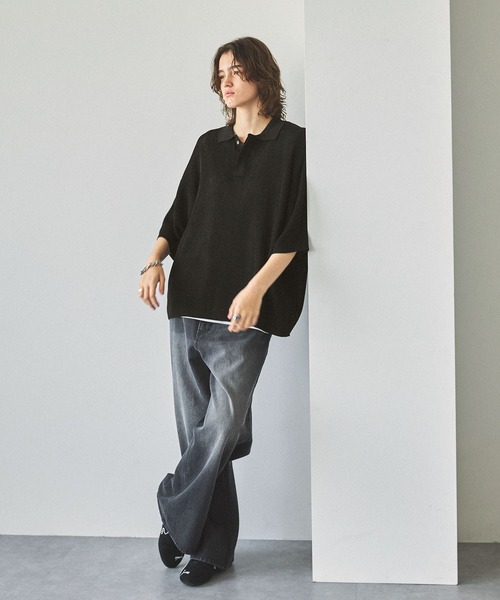 HERMES ストライプ柄 リブニット ポロシャツ シアー 半袖 XL 黒 HERMES ストライプ柄 リブニット ポロシャツ シアー 半袖 XL 黒