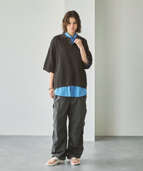 HERMES ストライプ柄 リブニット ポロシャツ シアー 半袖 XL 黒
