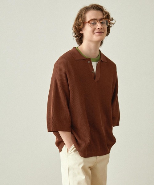 EMMA CLOTHES（エマクローズ）の「ドライリブニットルーズ比翼ポロシャツ（ポロシャツ・メンズ・ライトブルー/アイボリー/ダークグレー/ブラック/グレー/ブラウン・S/L/M）」の17枚目の写真