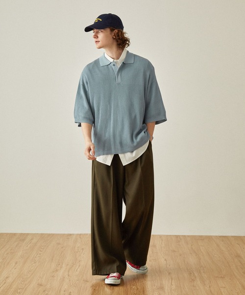 EMMA CLOTHES（エマクローズ）の「ドライリブニットルーズ比翼ポロシャツ（ポロシャツ・メンズ・ライトブルー/アイボリー/ダークグレー/ブラック/グレー/ブラウン・S/L/M）」の13枚目の写真