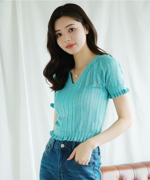 セール】【Jasmine】Vネックレース編みシアー半袖トップス (SS)（T