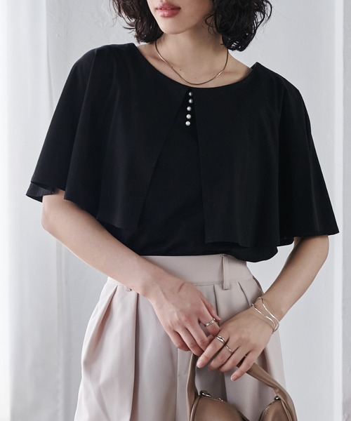 RANAN（ラナン）の「[接触冷感]ケープ風デザインカットソーブラウス（Tシャツ/カットソー・レディース・ブルーグレー/ブラック/オフホワイト/ネイビー/ベージュ・LL/L/M）」の2枚目の写真