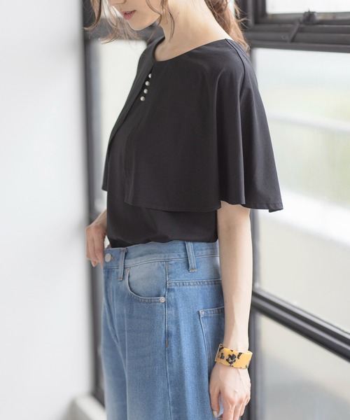 RANAN（ラナン）の「[接触冷感]ケープ風デザインカットソーブラウス（Tシャツ/カットソー・レディース・ブルーグレー/ブラック/オフホワイト/ネイビー/ベージュ・LL/L/M）」の14枚目の写真