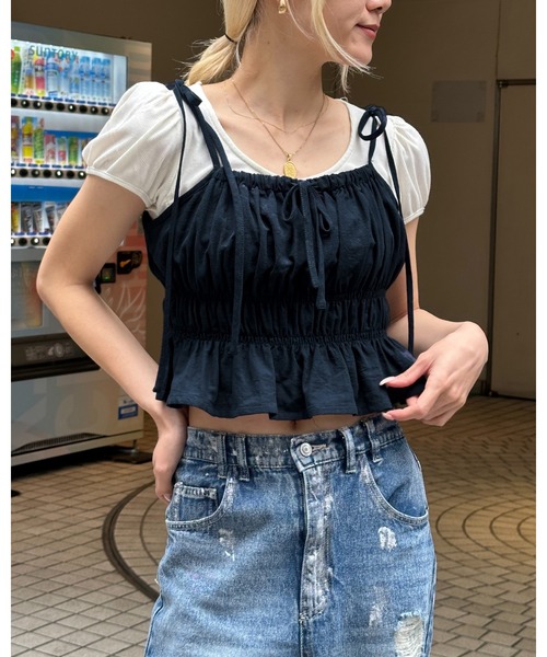 3.3 Field Trip （3.3フィールドトリップ）の「3.3 Field Trip／リボンシャーリングブラウス（キャミソール・レディース・ブルー/ホワイト/ネイビー・FREE）」の3枚目の写真