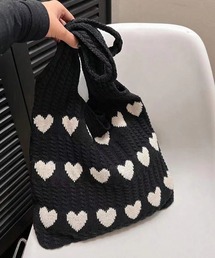 SHEPP（シープ）の「【A4収納可能】ハート柄 ニットトートバッグ 通学 通勤 クロシェ（トートバッグ）」