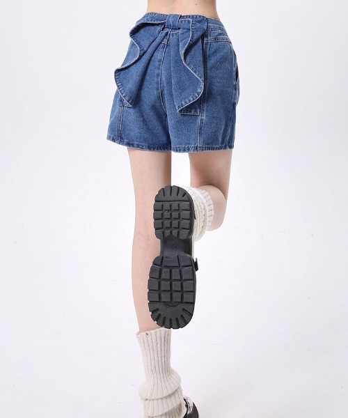 gossip!ロサンゼルス(ゴシップロサンゼルス)の「バックリボンデザイン ハイウエスト デニムショ-トパンツ「韓国ファッションガーリー定番」(デニムパンツ・レディース・ブルー・S/M/XS/L/XL)」の4枚目の写真