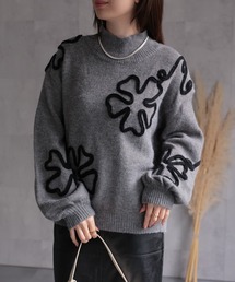 コード刺繍風 モックネックニットトップス/TOPS