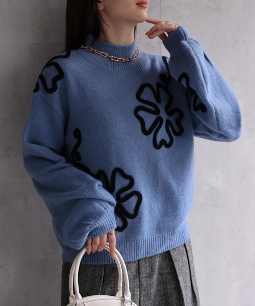 セール】コード刺繍風 モックネックニットトップス/TOPS（ニット