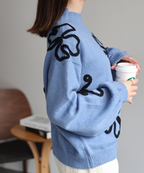 セール】コード刺繍風 モックネックニットトップス/TOPS（ニット